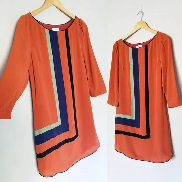 HARLYN Anthropologie 100% Silk Mini Shift Dress Orange Rust Colorblock Geometric - Picture 7 of 15